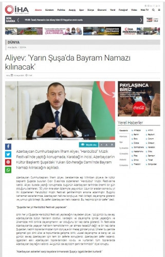 Türkiyə mediası Prezident İlham Əliyevin Şuşaya səfərini geniş işıqlandırıb<font color=red> - FOTOLAR</font>