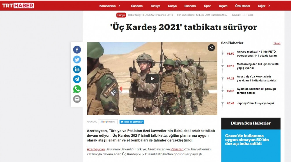 Türkiyə mediası “Üç Qardaş – 2021” beynəlxalq təlimi barədə materiallar yaymaqda davam edir<font color=red> - FOTOLAR</font>