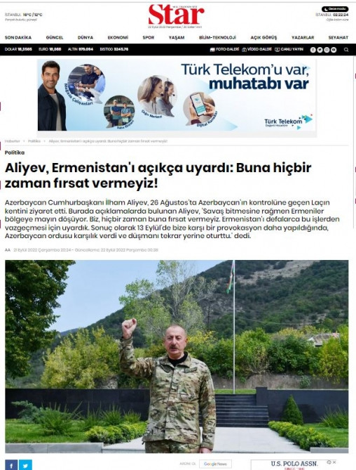 Prezident İlham Əliyevin Laçında Azərbaycan Bayrağını ucaltması Türkiyə mediası tərəfindən geniş işıqlandırılıb<font color=red> - FOTOLAR</font>