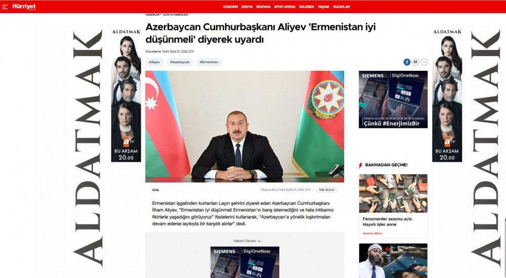 Prezident İlham Əliyevin Laçında Azərbaycan Bayrağını ucaltması Türkiyə mediası tərəfindən geniş işıqlandırılıb<font color=red> - FOTOLAR</font>