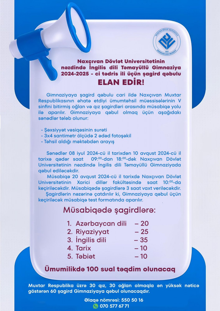 NDU-nun nəzdində İngilis dili Təmayüllü Gimnaziya 2024-2025-ci tədris ili üçün şagird qəbulu elan edir<font color=red> - FOTOLAR</font>