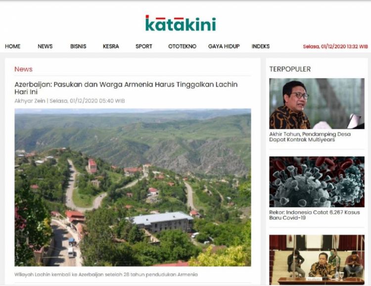 İndoneziya saytı Laçın rayonunun Azərbaycana qaytarılmasından yazıb