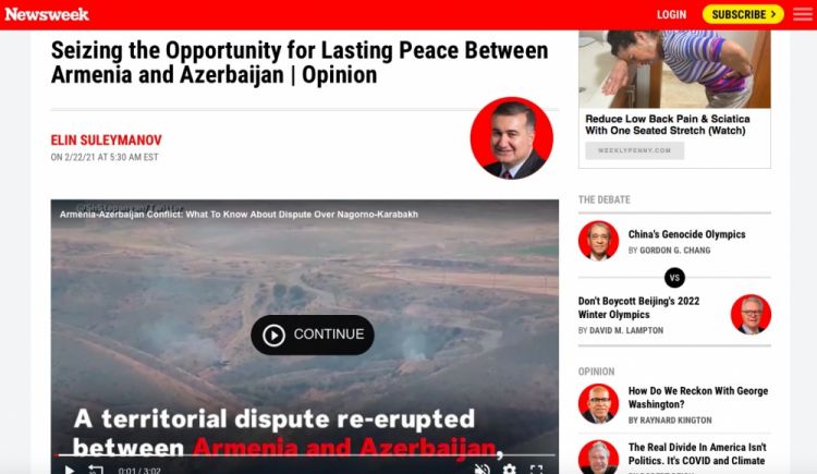“Newsweek” jurnalında Ermənistan və Azərbaycan arasında davamlı sülhün əldə edilməsinə həsr olunmuş yazı dərc olunub