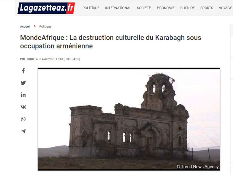 "MondeAfrique" saytının jurnalisti Qarabağdakı mədəni dağıntılar barədə icmal hazırlayıb