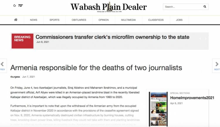 “Wabash Plain Dealer”: İki jurnalistin həlak olmasına görə məsuliyyət Ermənistanın üzərinə düşür