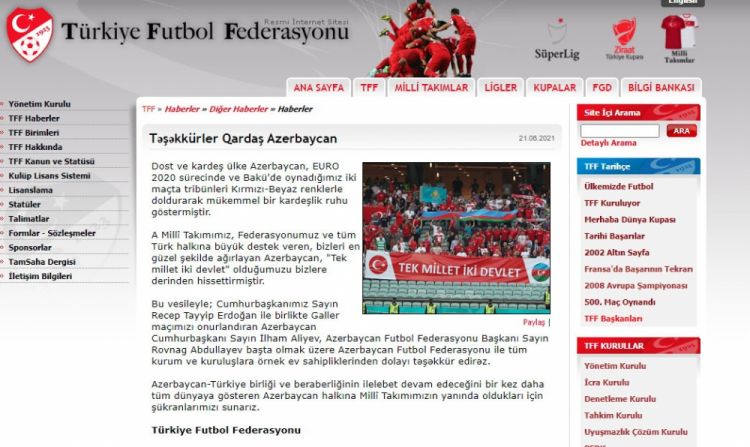 Türkiyə Futbol Federasiyası: Təşəkkürlər, qardaş Azərbaycan