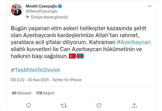 Mövlud Çavuşoğlu Azərbaycana başsağlığı verib