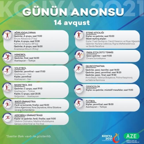 Bu gün Azərbaycan təmsilçiləri V İslam Həmrəyliyi Oyunlarında 11 idman növündə güclərini sınayacaqlar