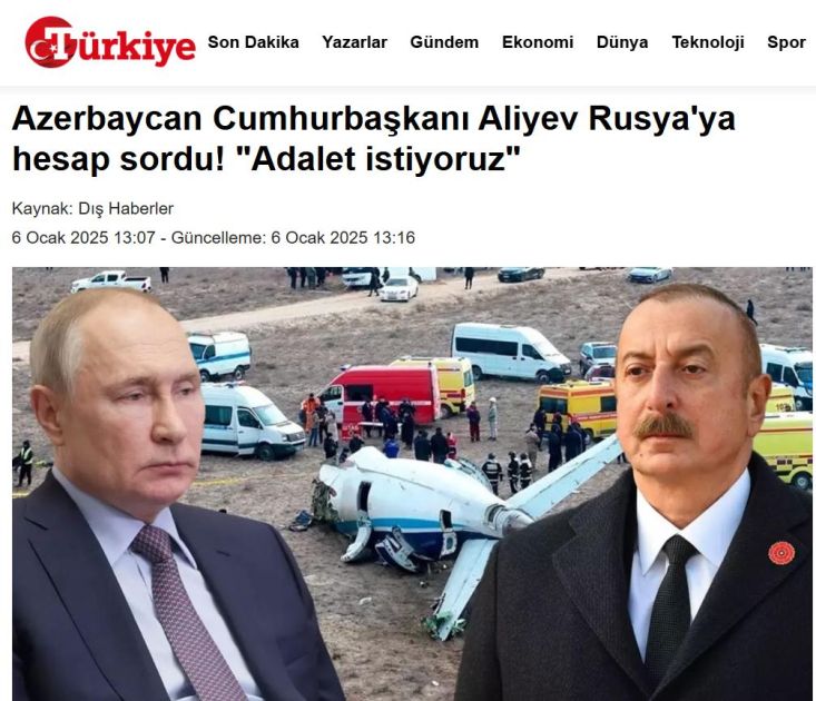 Türkiyə mediası: Azərbaycan Prezidenti təyyarə qəzası ilə bağlı günahkarların cəzalandırılmasını tələb edib<font color=red> - FOTOLAR</font>